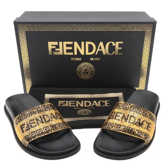 Fendi Shoes - NWT FENDI NIB BLK/GOLD METAL MESH LOGO POOL SLIDES MADE IN ITALY 38EU 7.5